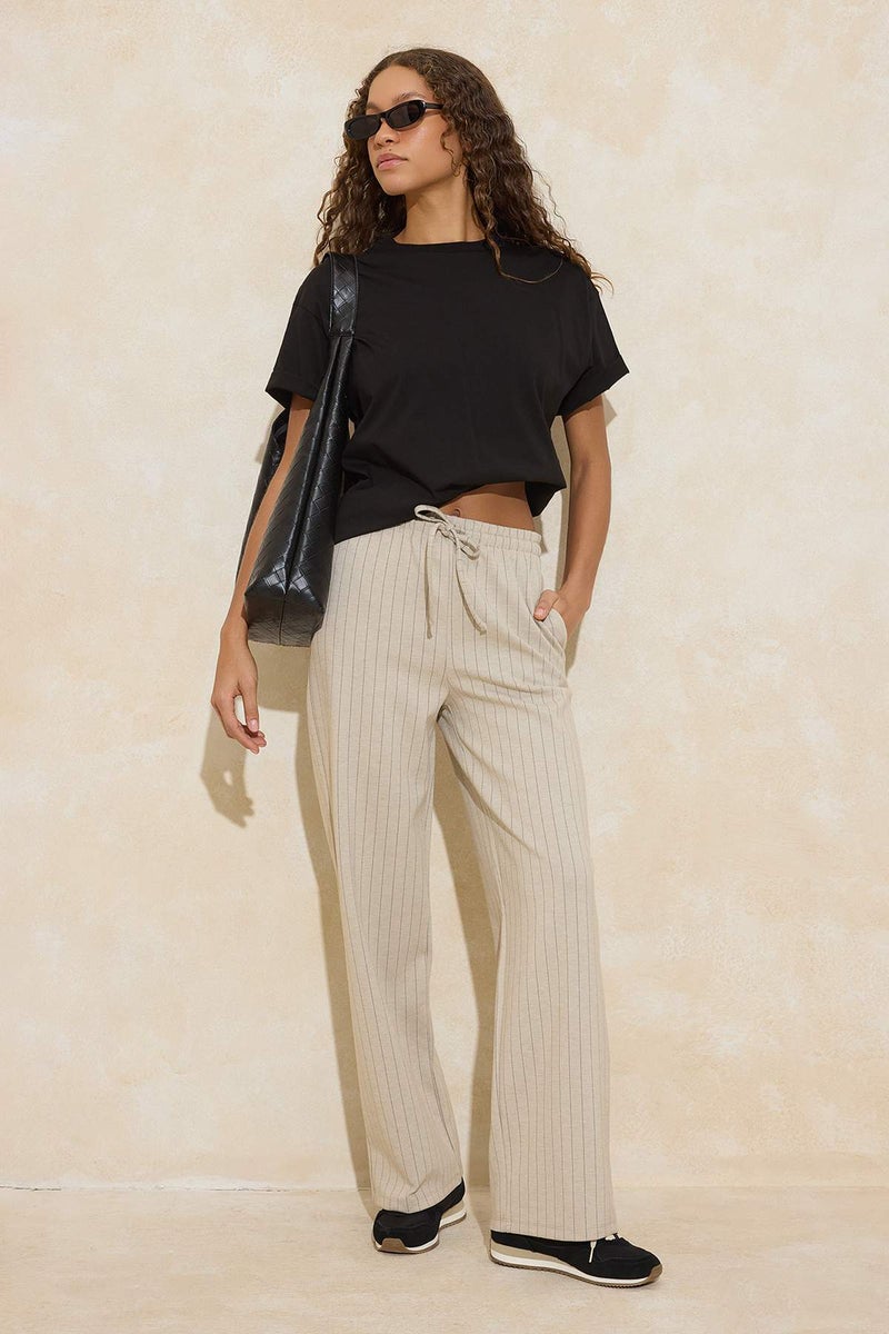 trendyol Dark Beige Striped Knitted Trousers Twoss24Pl00072 - Image 1