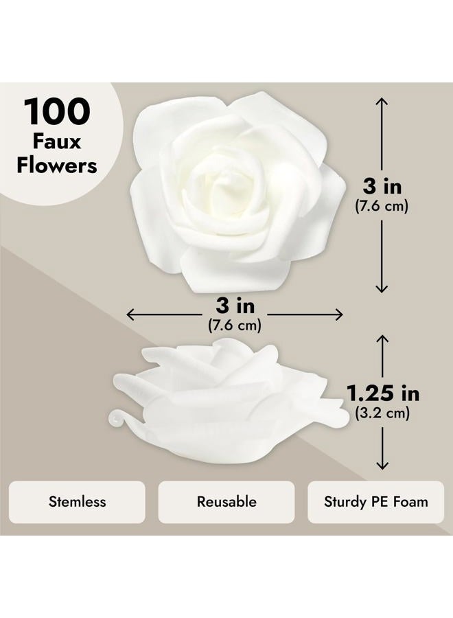 Juvale 100 Pack White Roses Artificial Flowers, Stemless Fake Foam Flowers for Decorations, Wedding, Bridal Shower (3 in) - Image 3