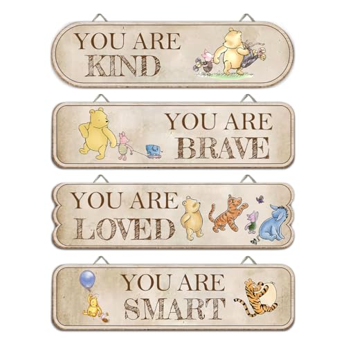 Hatzelou 4PCS Classic Winnie Baby Room Decor, Pooh Nursery Decor, the Pooh Wall Decor Sign Gifts, You Are Kind Brave Inspirational Quotes, Adorable Winnie Sign for Home Bedroom Nursery - Image 1