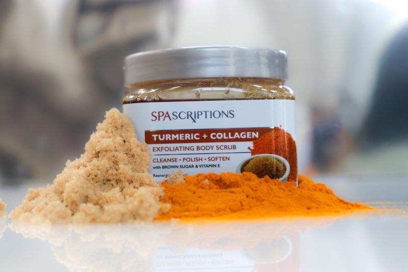 spascriptions Turmeric & Collagen Body Scrub with Brown Sugar & Vitamin E â€“ Exfoliating Scrub for Glowing Skin â€“ Deep Cleansing, Polishing & Softening Formula â€“ Natural Skincare for Body & Face (21 oz, Turmeric) - Image 3