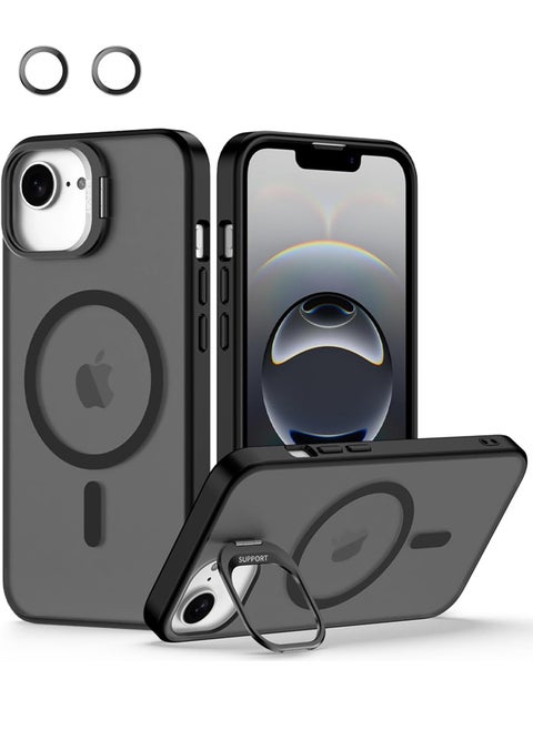 جراب لهاتف iPhone 16e و iPhone SE4 2025 مع غطاء كاميرا وحامل، مع 2 واقي عدسة كاميرا، متوافق مع MagSafe، مقاوم للصدمات، غلاف شفاف ثقيل الحماية لهاتف iPhone 16e (أسود)