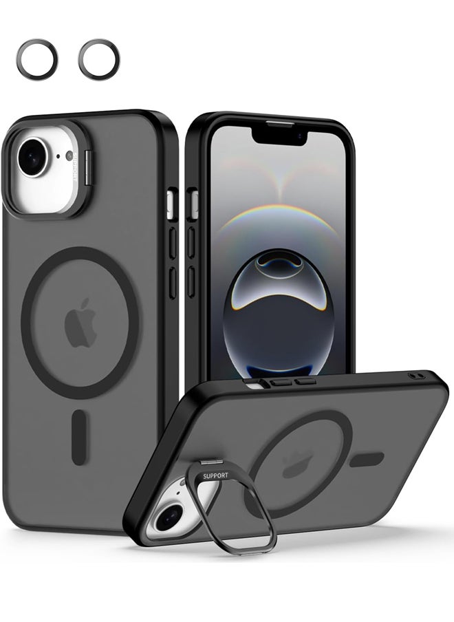 جراب لهاتف iPhone 16e و iPhone SE4 2025 مع غطاء كاميرا وحامل، مع 2 واقي عدسة كاميرا، متوافق مع MagSafe، مقاوم للصدمات، غلاف شفاف ثقيل الحماية لهاتف iPhone 16e (أسود)
