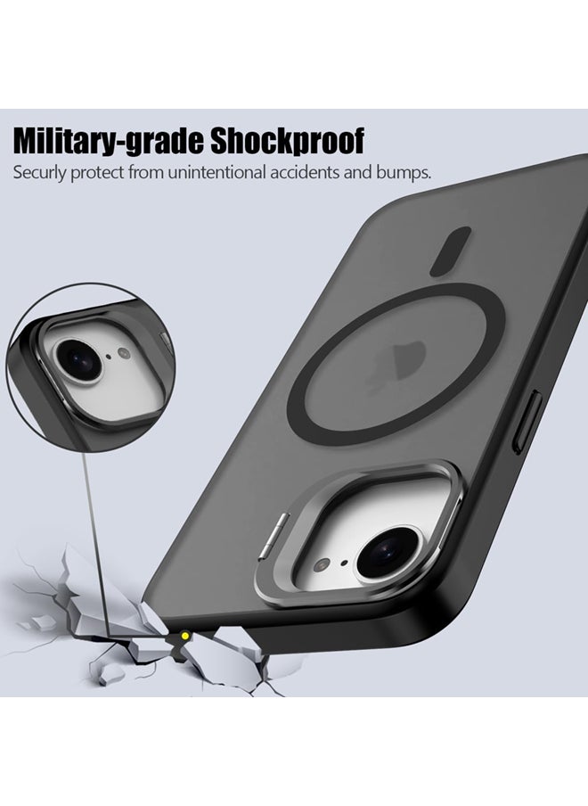 جراب لهاتف iPhone 16e و iPhone SE4 2025 مع غطاء كاميرا وحامل، مع 2 واقي عدسة كاميرا، متوافق مع MagSafe، مقاوم للصدمات، غلاف شفاف ثقيل الحماية لهاتف iPhone 16e (أسود)