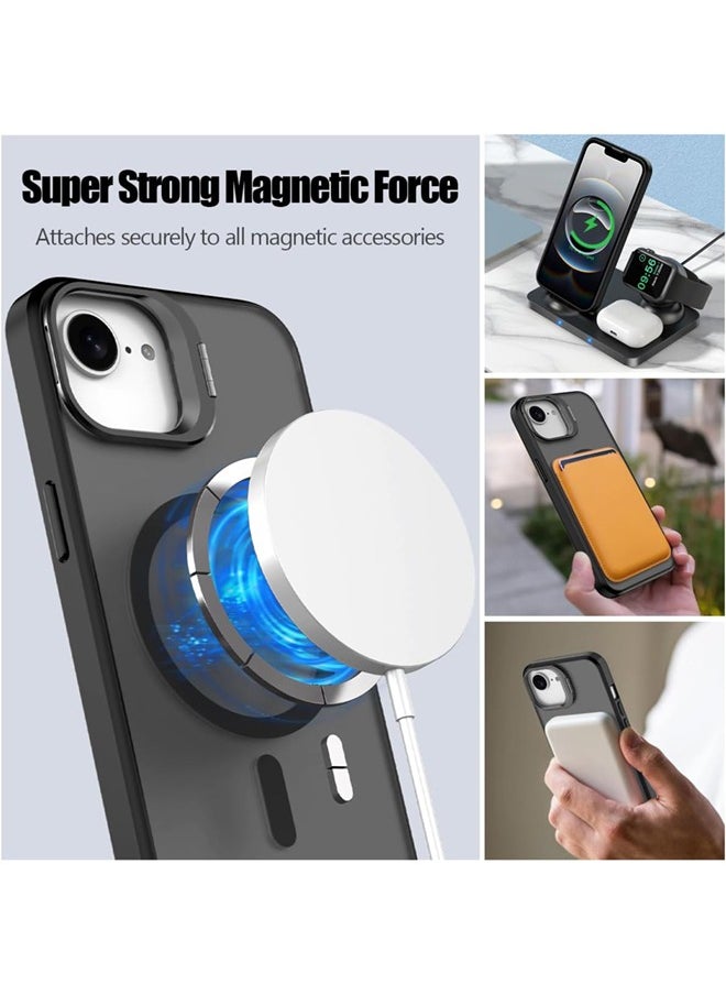 جراب لهاتف iPhone 16e و iPhone SE4 2025 مع غطاء كاميرا وحامل، مع 2 واقي عدسة كاميرا، متوافق مع MagSafe، مقاوم للصدمات، غلاف شفاف ثقيل الحماية لهاتف iPhone 16e (أسود)