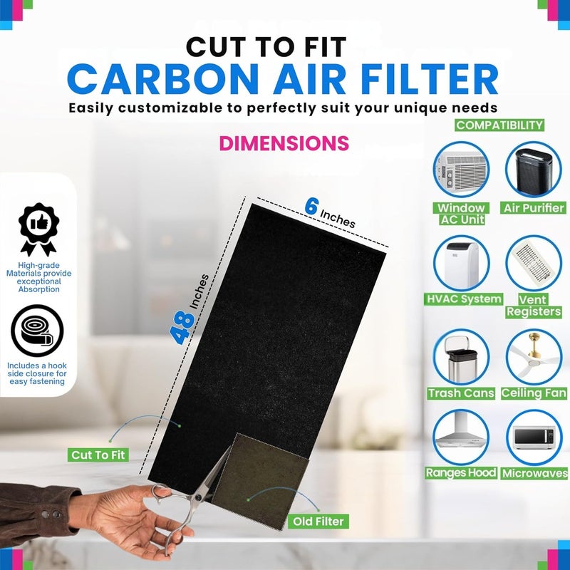 Bagean Cut to Fit Activated Carbon Filter Sheet 6” x 48” - Activated Carbon Air Filter for Air Purifiers Window AC Air Vent And More - Charcoal Filters Effectively Absorb Odors & Freshens the Air (2-Pack) - Image 3