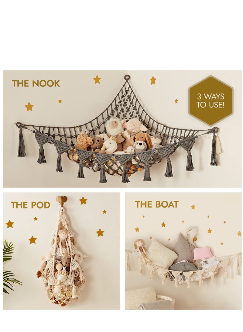 SYOSI Macrame Toy Hammock, Stuffed Animal Net Hammock Toy Storage Organizer, Stuffed Animal Storage Toy Holder, Boho Wall Mounted Hanging Decor for Nursery Kids Birthday Gift Play Room Bedroom, White - Image 4