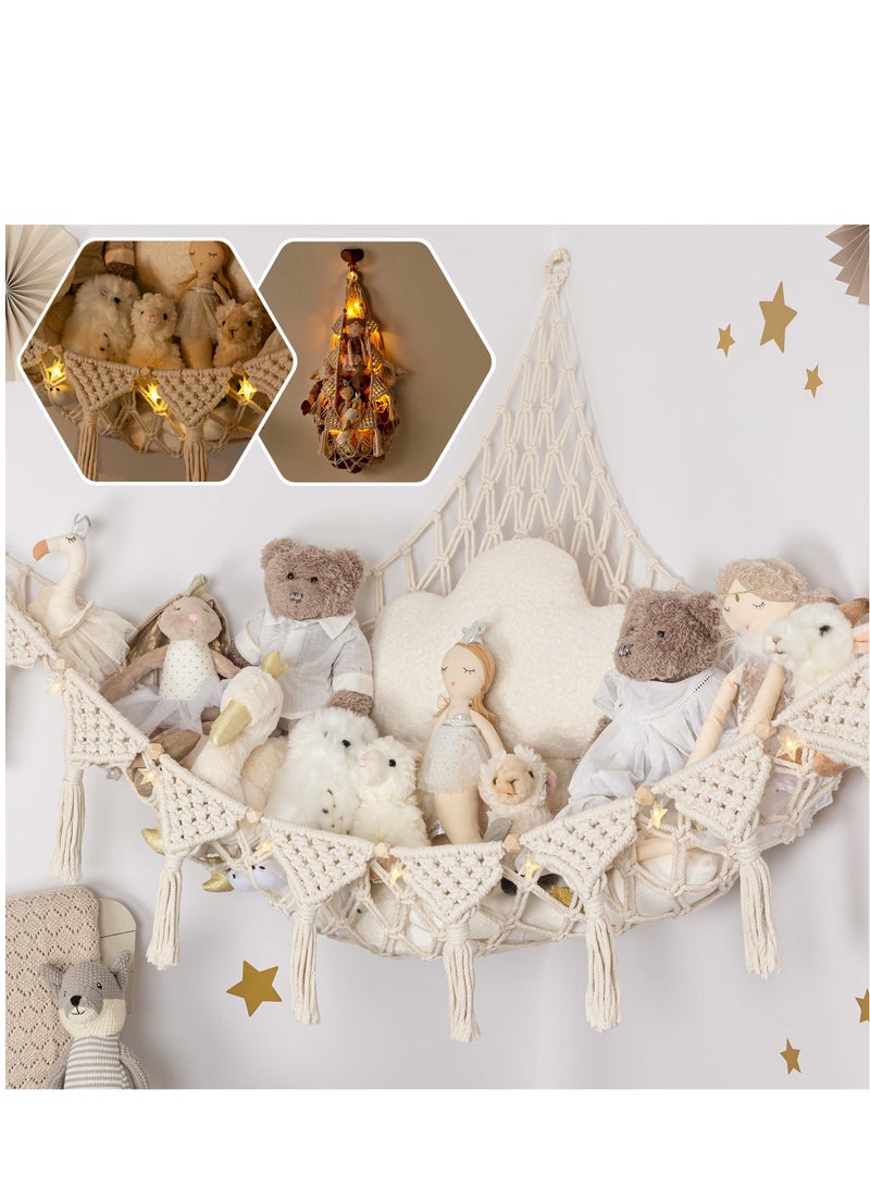 SYOSI Macrame Toy Hammock, Stuffed Animal Net Hammock Toy Storage Organizer, Stuffed Animal Storage Toy Holder, Boho Wall Mounted Hanging Decor for Nursery Kids Birthday Gift Play Room Bedroom, White - Image 2