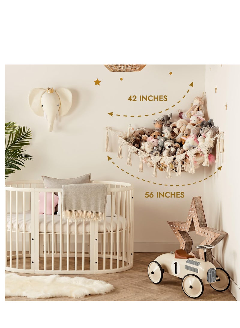 SYOSI Macrame Toy Hammock, Stuffed Animal Net Hammock Toy Storage Organizer, Stuffed Animal Storage Toy Holder, Boho Wall Mounted Hanging Decor for Nursery Kids Birthday Gift Play Room Bedroom, White - Image 3