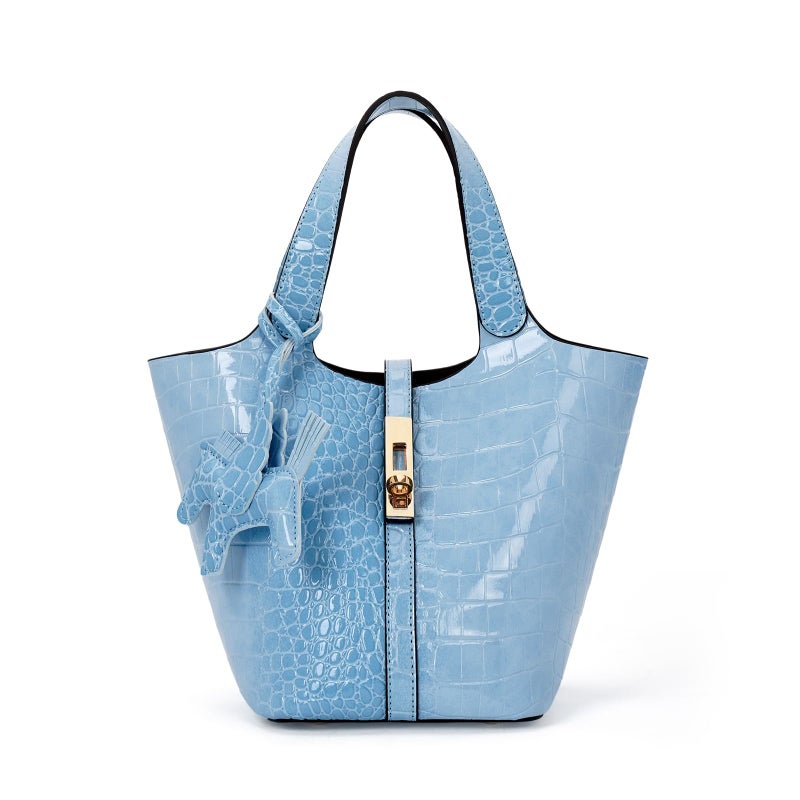Kadynow Tote Bag for Women Vegan Leather Bucket Purse for Women Crocodile Pattern Top Handle Handbag Shoulder Bag with Detachable Small Purse Blue - Image 1