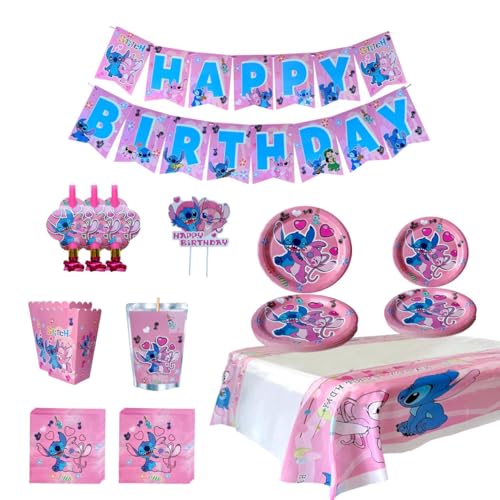 Rovercci Pink Stitch kids Birthday Party supplies decoration set for 16 Guests83PCS Set with 16 Plates9 Napkins popcorn boxes birthday Banner juice labels blowouts Cake Topper Tableware - Image 1