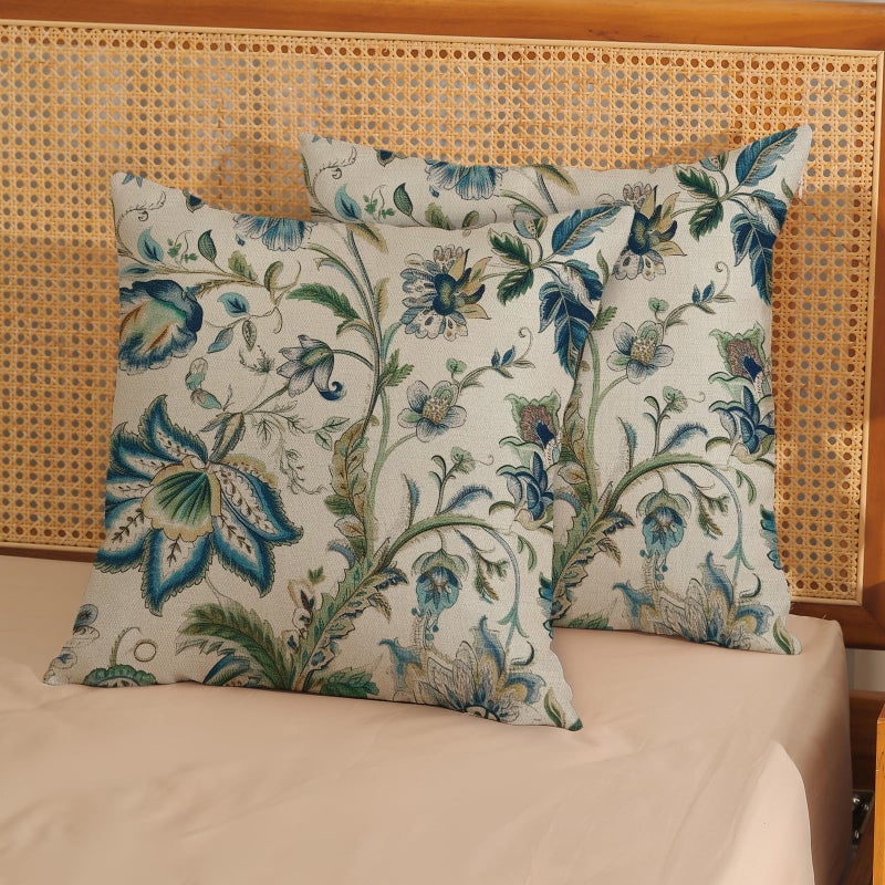 DAFENA Sage Green Blue Pillow Covers 18x18 Inch 2 Pcs Spring Chinoiserie Floral Decor Throw Pillows Boho Vintage Flower Seasonal Outdoor Decoration Pillowcase Linen Cushion Cover for Couch Sofa Bed - Image 2