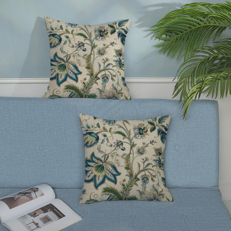DAFENA Sage Green Blue Pillow Covers 18x18 Inch 2 Pcs Spring Chinoiserie Floral Decor Throw Pillows Boho Vintage Flower Seasonal Outdoor Decoration Pillowcase Linen Cushion Cover for Couch Sofa Bed - Image 3