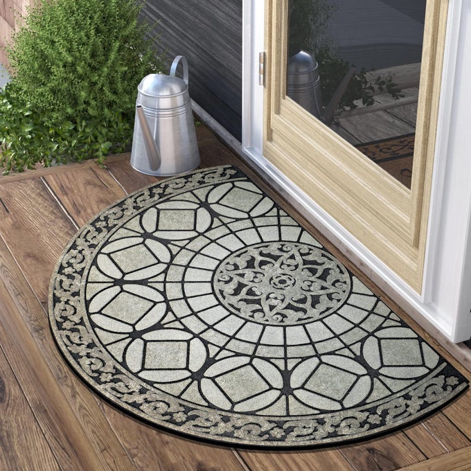 FRONT DOOR MAT OUTDOOR ENTRANCE HEAVY DUTY DOORMAT HALF CIRCLE RUG FOR OUTSIDE ENTRY WELCOME MAT FOR INDOOR HALF ROUND DOOR MATS WITH NON SLIP RUBBER 21 X 33 GREY LIGHT NAVY