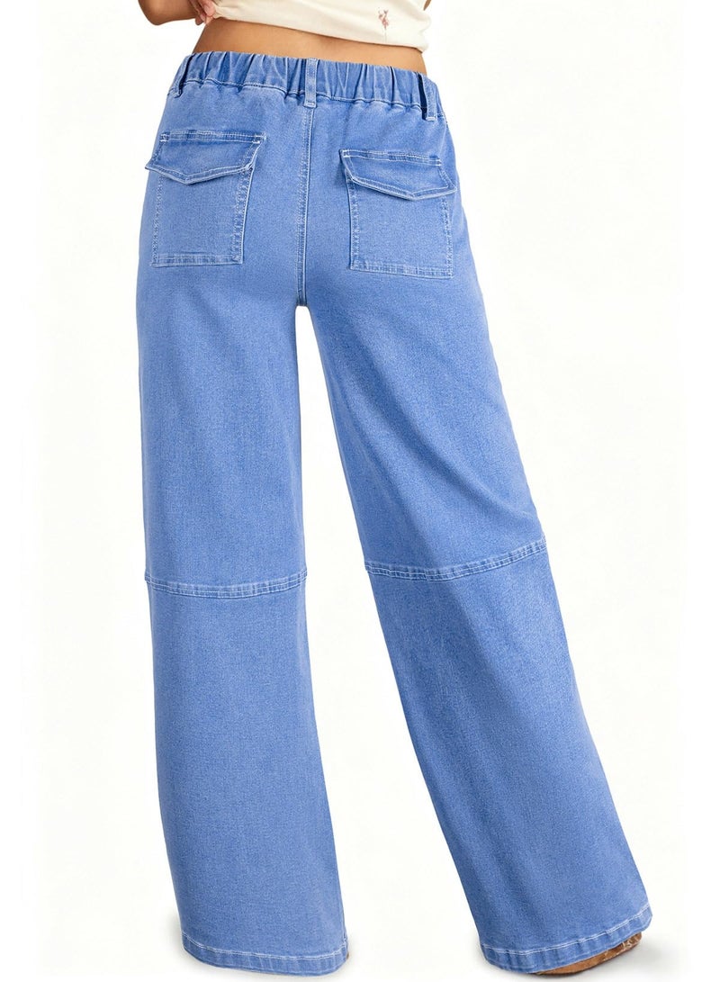 Sidefeel Women Jeans High Waisted Stretchy Baggy Wide Leg Jeans Elastic Drawstring Trendy Straight Leg Loose Denim Pants Iceland Blue Size 8 - Image 2