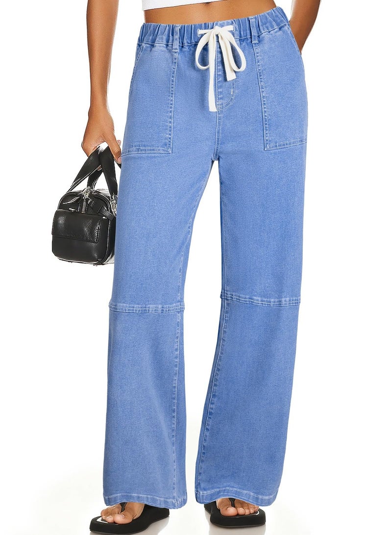 Sidefeel Women Jeans High Waisted Stretchy Baggy Wide Leg Jeans Elastic Drawstring Trendy Straight Leg Loose Denim Pants Iceland Blue Size 8 - Image 1