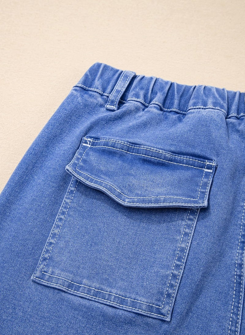 Sidefeel Women Jeans High Waisted Stretchy Baggy Wide Leg Jeans Elastic Drawstring Trendy Straight Leg Loose Denim Pants Iceland Blue Size 8 - Image 5