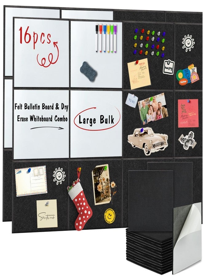 BXI Felt Bulletin Board with Pins & Magnetic Dry Erase Whiteboard Combo, 16 Pcs 12 X 12 X 3/8 Inch Self-Adhesive Vision Display Tiles, Note Memo Panels for Home School Education Office Wall Decor - Image 1