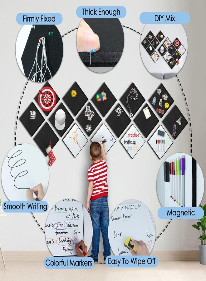 BXI Felt Bulletin Board with Pins & Magnetic Dry Erase Whiteboard Combo, 16 Pcs 12 X 12 X 3/8 Inch Self-Adhesive Vision Display Tiles, Note Memo Panels for Home School Education Office Wall Decor - Image 3