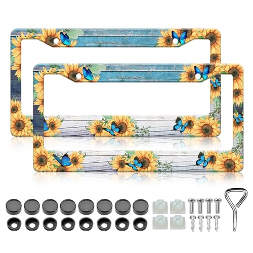 LIN KANG Blue Butterfly Sunflower License Plate Frames 2 Pack Wooden Board Flower Aluminum Metal License Plate Holder Covers RustProof Waterproof Car Decorative Tag Frames for Standard US 12x6 Inch - Image 1