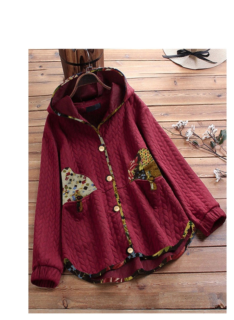 Loquat Autumn And Winter New Mother Coat With Hooded Single Breasted Ethnic Style Printed Long Sleeve Red 