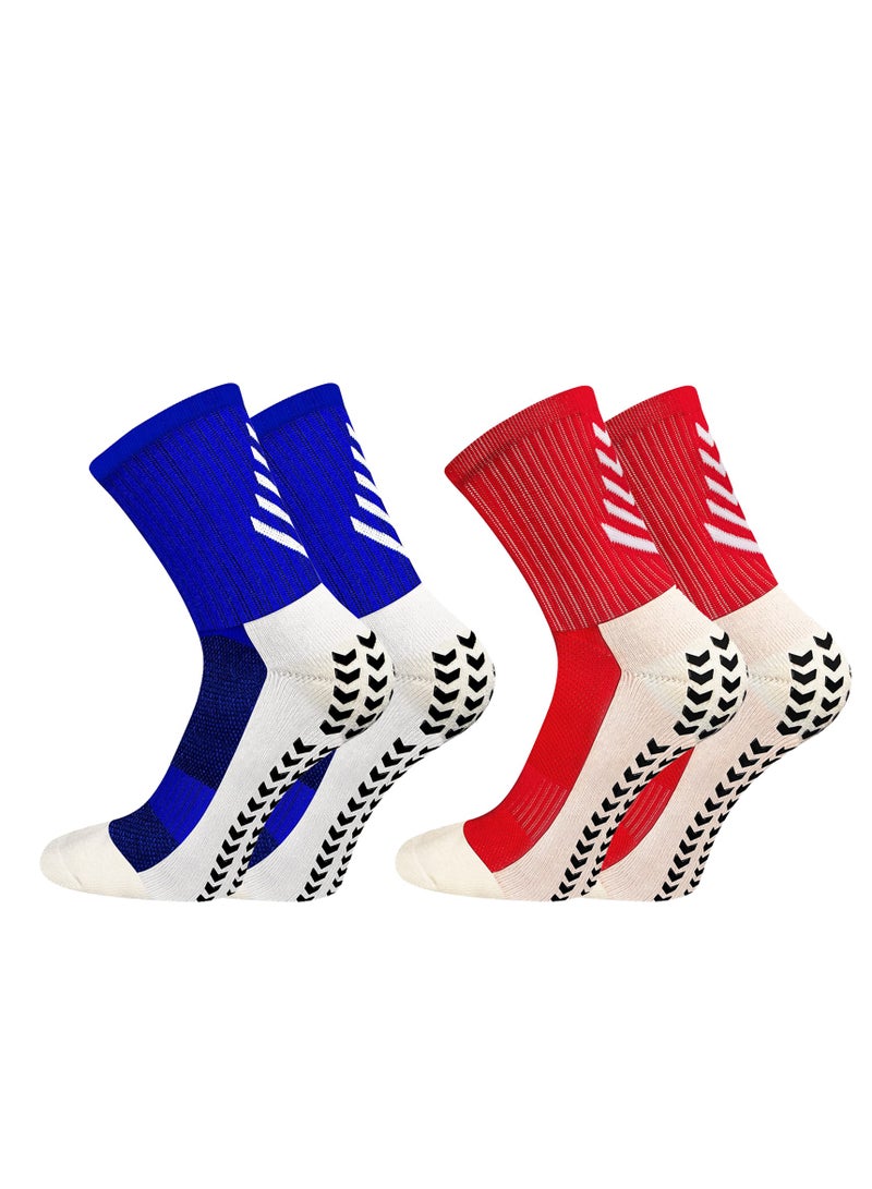SYOSI 2 Pairs of Men's Non Slip Soccer Socks, Running Socks Sports Socks for Soccer Basketball Towel Bottom Sports Grip Socks Mid-calf Socks (Red, Blue)  - Image 1