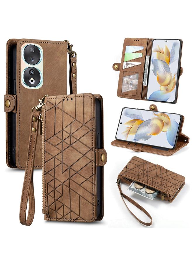 اس-توب جراب هاتف Honor 90 بتصميم هندسي وسحاب ومشبك جانبي من الجلد - Image 1