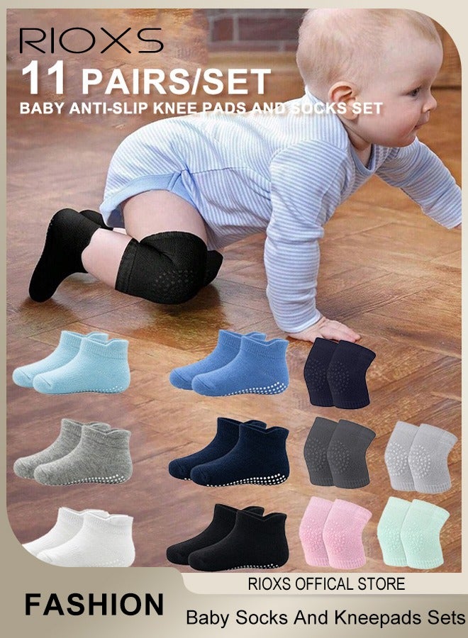 RIOXS Toddler Baby Boys and Girls Non Slip Socks and Kneepads Sets Breathable Low Cut Anti Skid Socks Crawling Anti-Slip Kneepads Protectors Leg Warmers - Image 1