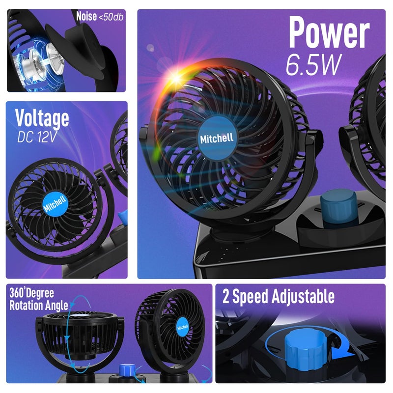 iWagon Mitchell 12V DC High Speed Electric Car Dual Head Fan for Dashboad 360 Degree Rotatable Car Auto Powerful Cooling Air Fan - Image 2