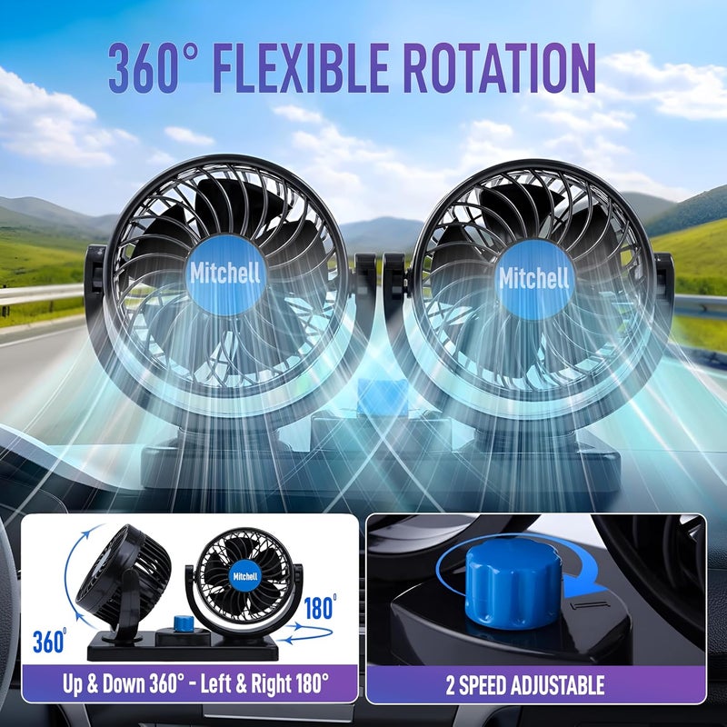 iWagon Mitchell 12V DC High Speed Electric Car Dual Head Fan for Dashboad 360 Degree Rotatable Car Auto Powerful Cooling Air Fan - Image 3