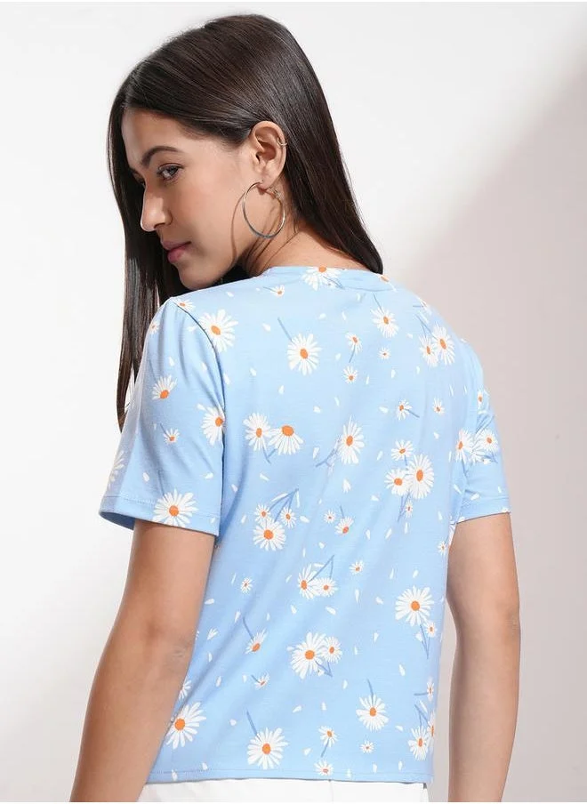 Tokyo Talkies Tokyo Talkies All-Over Floral Print Round Neck Top with Tie-Up Detail