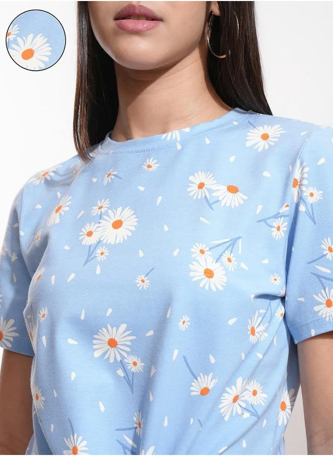 Tokyo Talkies Tokyo Talkies All-Over Floral Print Round Neck Top with Tie-Up Detail