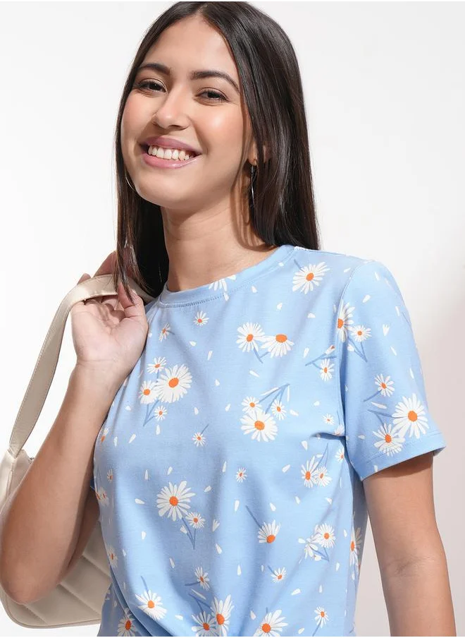 Tokyo Talkies All-Over Floral Print Round Neck Top with Tie-Up Detail