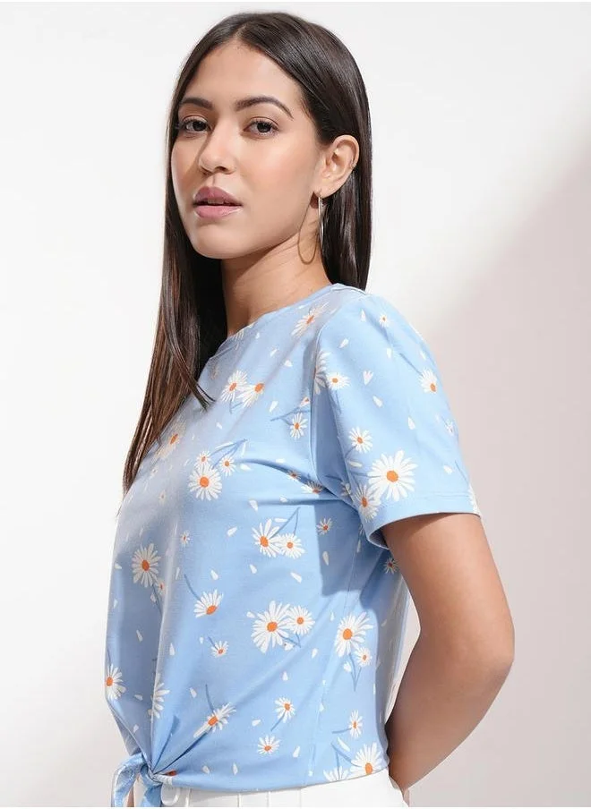 Tokyo Talkies All-Over Floral Print Round Neck Top With Tie-Up Detail