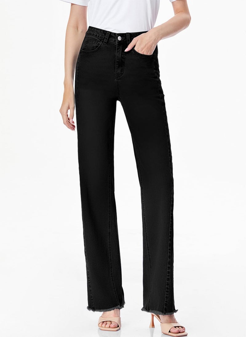 Sidefeel Women's High Waisted Baggy Jeans Stretchy Raw Hem Straight Leg Zimbaplatinum Denim Pants Size 6 Solid Black - Image 5