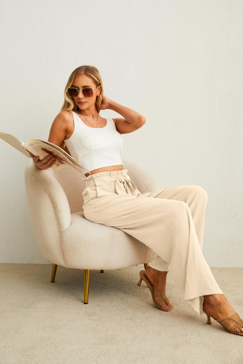 IWOLLENCE Wide Leg Pants for Womens with Pockets High Waist Adjustable Knot Loose Casual Trousers Business Work Casual Pants Ivory White Medium - Image 5