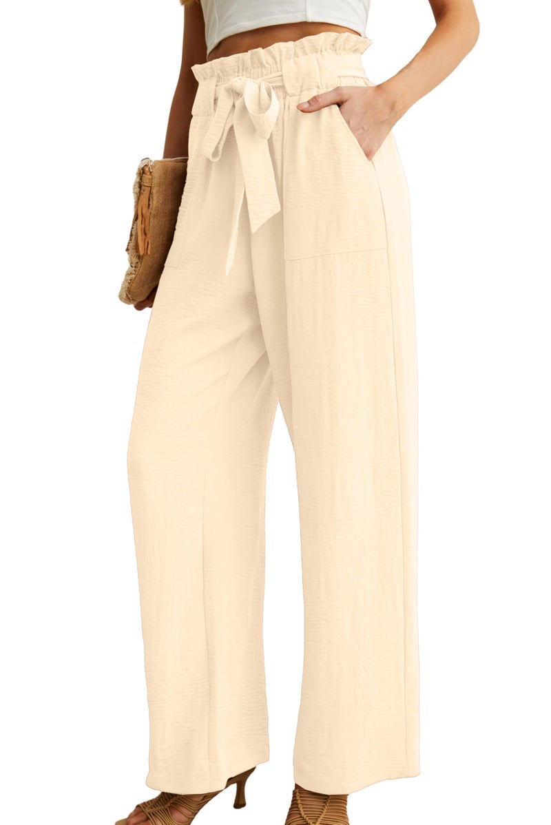 IWOLLENCE Wide Leg Pants for Womens with Pockets High Waist Adjustable Knot Loose Casual Trousers Business Work Casual Pants Ivory White Medium - Image 2