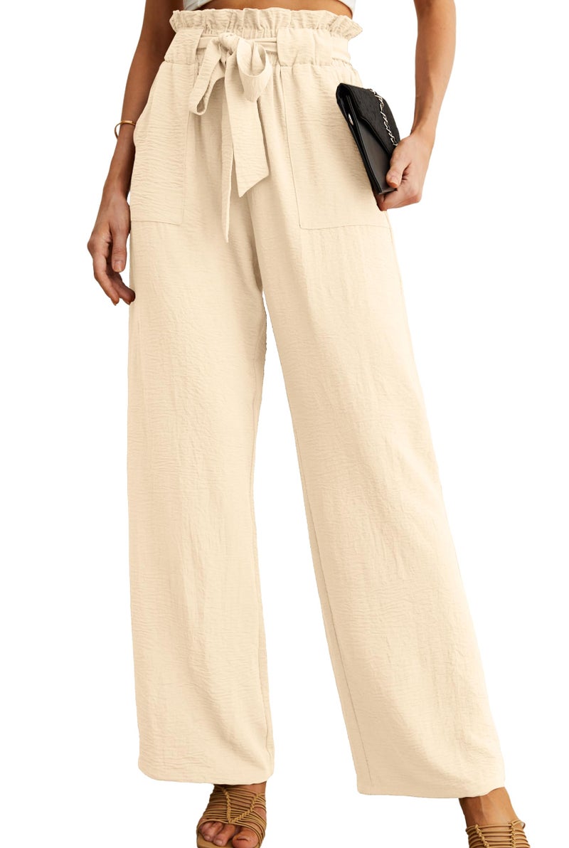 IWOLLENCE Wide Leg Pants for Womens with Pockets High Waist Adjustable Knot Loose Casual Trousers Business Work Casual Pants Ivory White Medium - Image 1