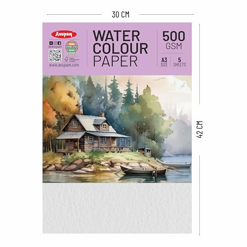 Anupam Professional Watercolour Paper | A3 (42X30CM) 500 GSM Cold Pressed Paper | Acid-Free 5 Sheets| Ideal for Artist, Professional Drawing, Painting Dry & Wet, Fine Art, School, Students - Image 2