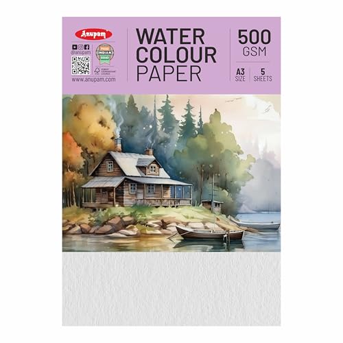 Anupam Professional Watercolour Paper | A3 (42X30CM) 500 GSM Cold Pressed Paper | Acid-Free 5 Sheets| Ideal for Artist, Professional Drawing, Painting Dry & Wet, Fine Art, School, Students - Image 1