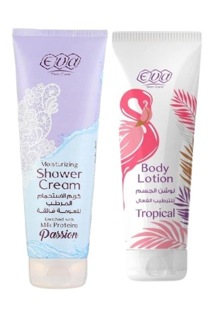 إيفا سكين كير كريم الاستحمام المرطب لنعومه فائقة باشن 250ملى  + لوشن الجسم للعناية بالبشرة من إيفا بالروائح الاستوائية 240 ملى - Image 1