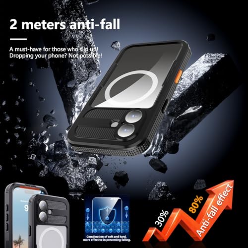 GOLDJU Magnetic for iPhone 17 Case-Waterproof, Built-in Screen & Camera Protector-IP68 Underwater Full Body 16FT Military Dropproof Shockproof Case for 17 6.3''- Black - Image 2