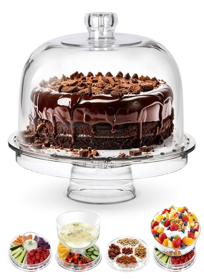 Masthome 6-in-1 Multi-Functional Cake Stand with Dome Cover, BPA-Free Acrylic Serving Platter, Salad Bowl Divided Snack Tray, Shatterproof Dessert Display with Fork Spoon for Birthday Wedding Christmas Party - Image 1