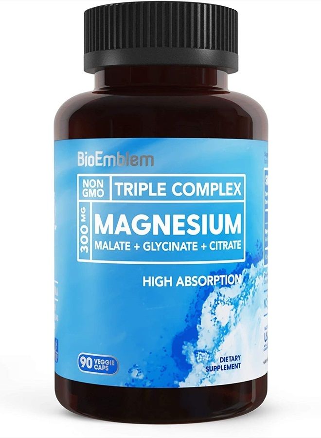 BioEmblem Triple Magnesium Complex | 300mg of Magnesium Glycinate, Malate, & Citrate for Muscles, Nerves, & Energy | High Absorption | Vegan, Non-GMO | 90 Capsules - Image 1