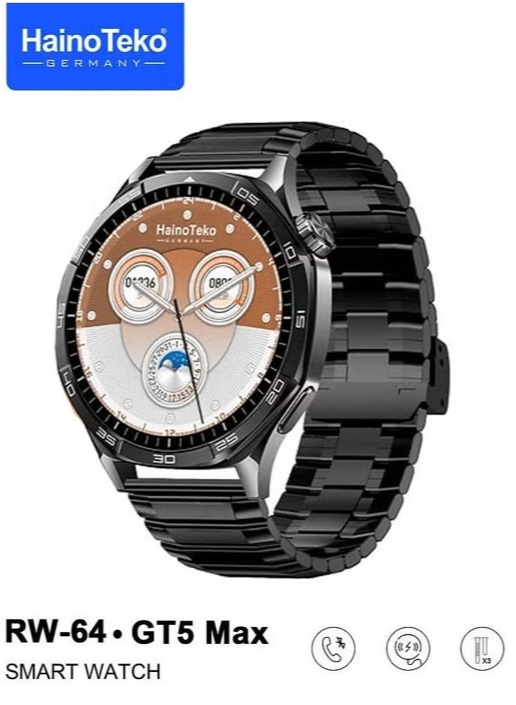 هينو تيكو ساعة ذكية RW-64 GT5 Max بشاشة AMOLED كبيرة، ومساعد صوتي، و3 أزواج من الأشرطة، ومراقب معدل ضربات القلب، ومتتبع اللياقة البدنية، ومقاومة للماء - مصممة للرجال، لون أسود - Image 2
