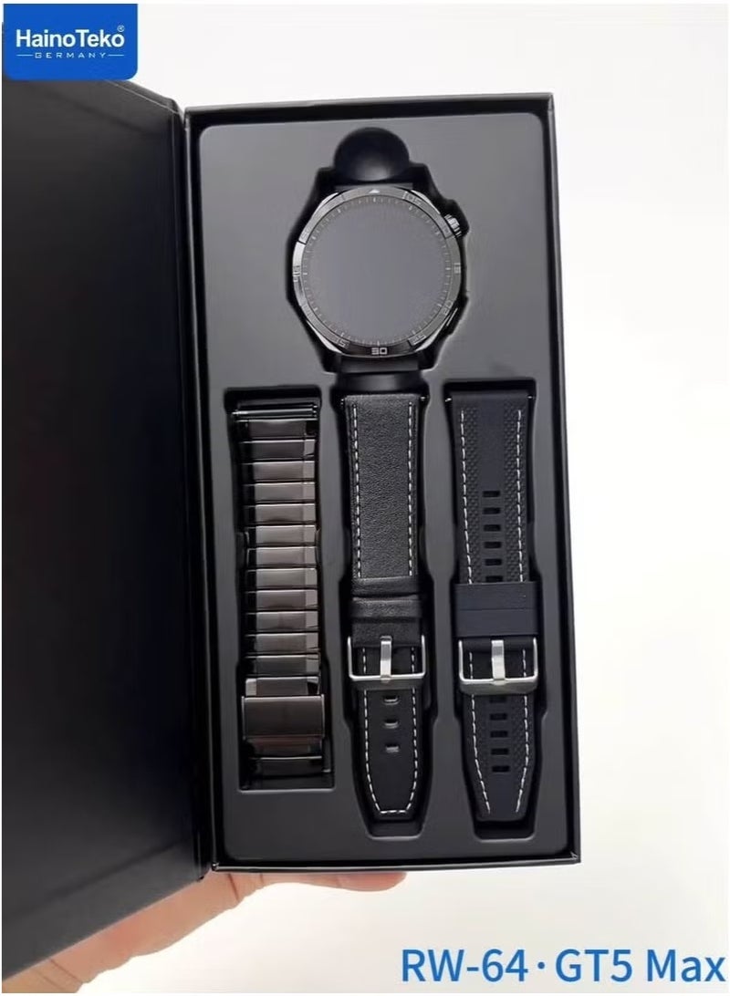 هينو تيكو ساعة ذكية RW-64 GT5 Max بشاشة AMOLED كبيرة، ومساعد صوتي، و3 أزواج من الأشرطة، ومراقب معدل ضربات القلب، ومتتبع اللياقة البدنية، ومقاومة للماء - مصممة للرجال، لون أسود - Image 5