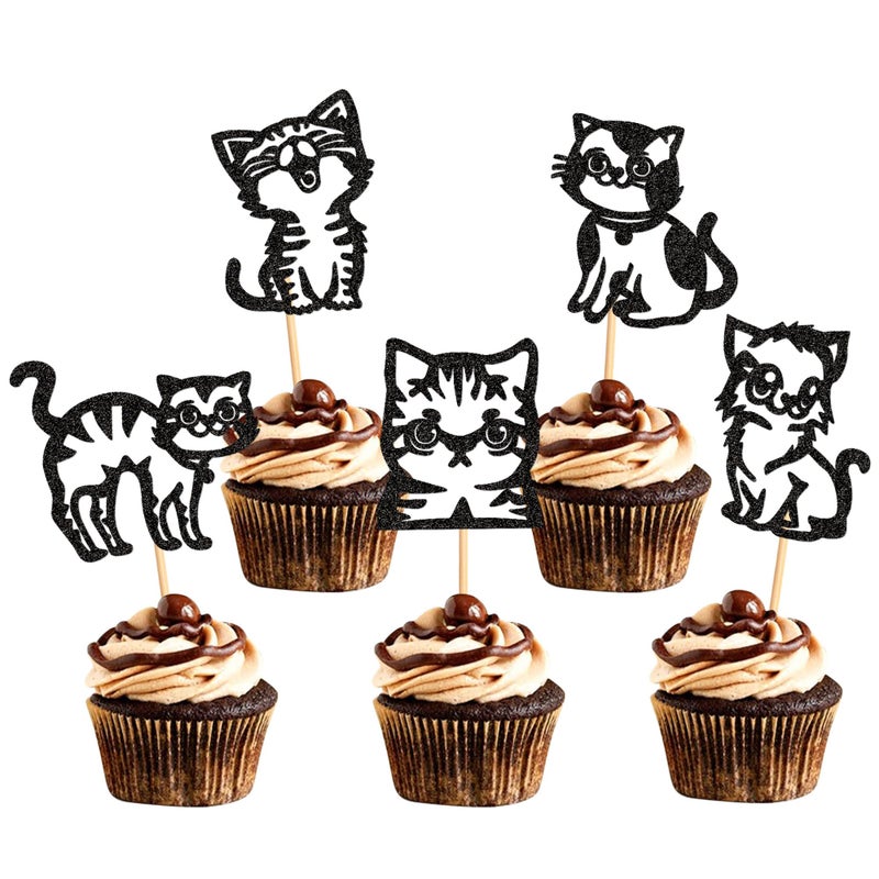 Ercadio 25 Pack Cat Cupcake Toppers Black Cat Cake Picks Animal Cupcake Picks Cat Birthday Cupcake Decorations for Baby Shower Birthday Animal Theme Party Cake Decor Supplies - Image 1