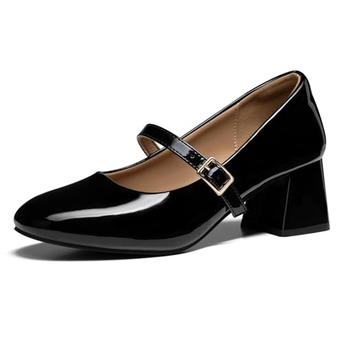 Trary Mary Jane Shoes Women Chunky Heels for Women Round Toe Pumps Dress Shoes Black - Image 1
