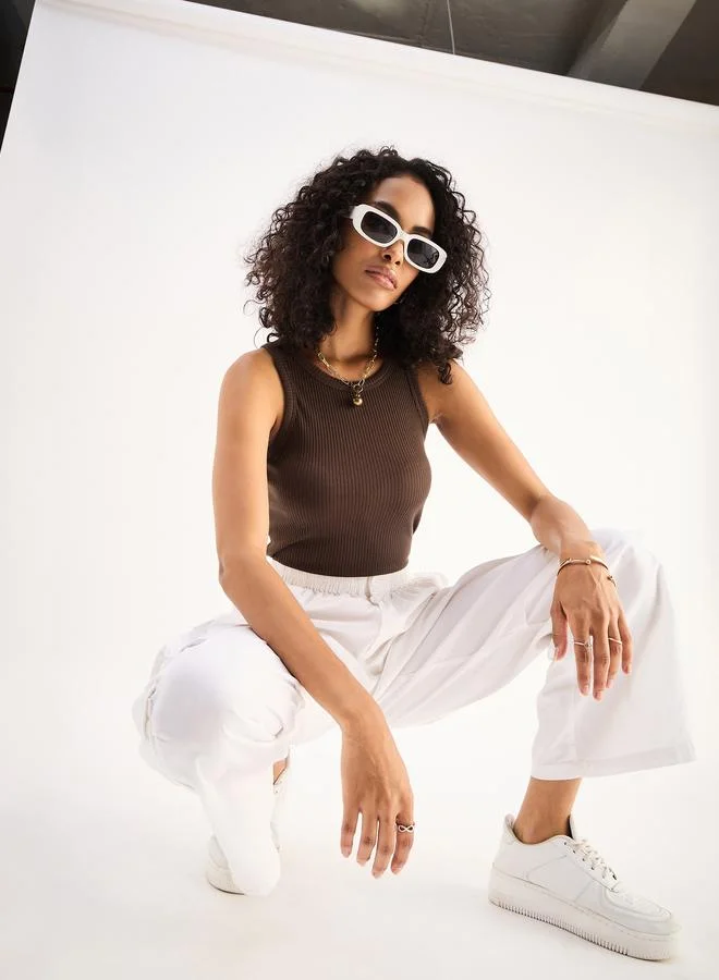 SASSAFRAS Sassafras Women Brown Ribbed Sleeveless Round Neck Top