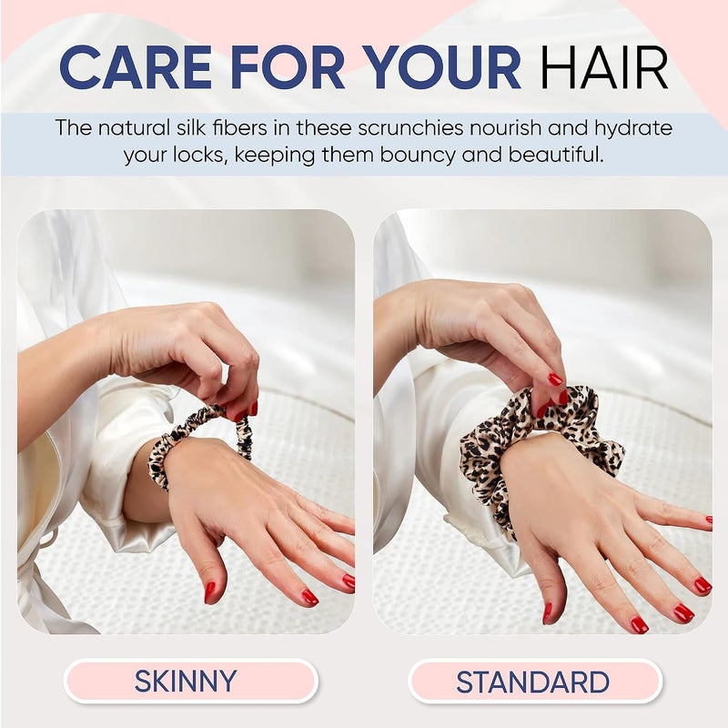 BLISSY Silk Scrunchies (3 Pack) - 100% Pure Mulberry Silk - 22 Momme 6A High-Grade Fibers - Silk Scrunchie for Straight & Curly Hair (Leopard, Skinny) - Image 4