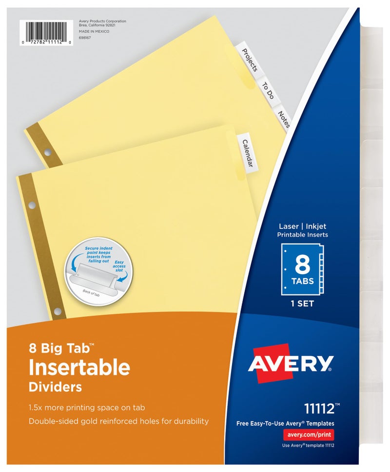 Avery 8-Tab Binder Dividers, Insertable Clear Big Tabs, 1 Set (11112) - Image 1